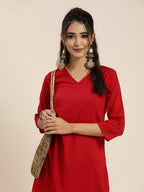 Sangria Women Red Solid Pure Cotton Gotta Patti Kurta with Abstract Print Trousers
