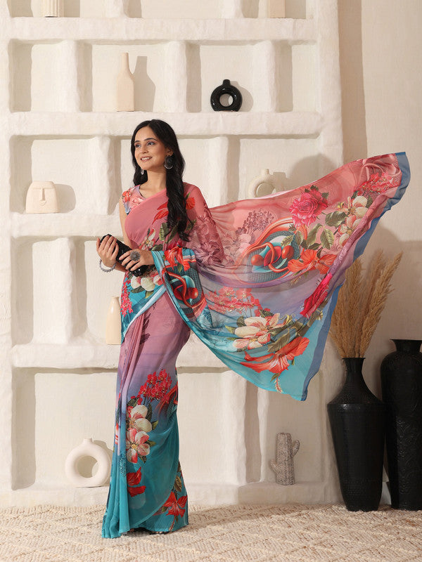 Shivam Fabrics Pink Georgette Fabric Printed Saree - Distacart