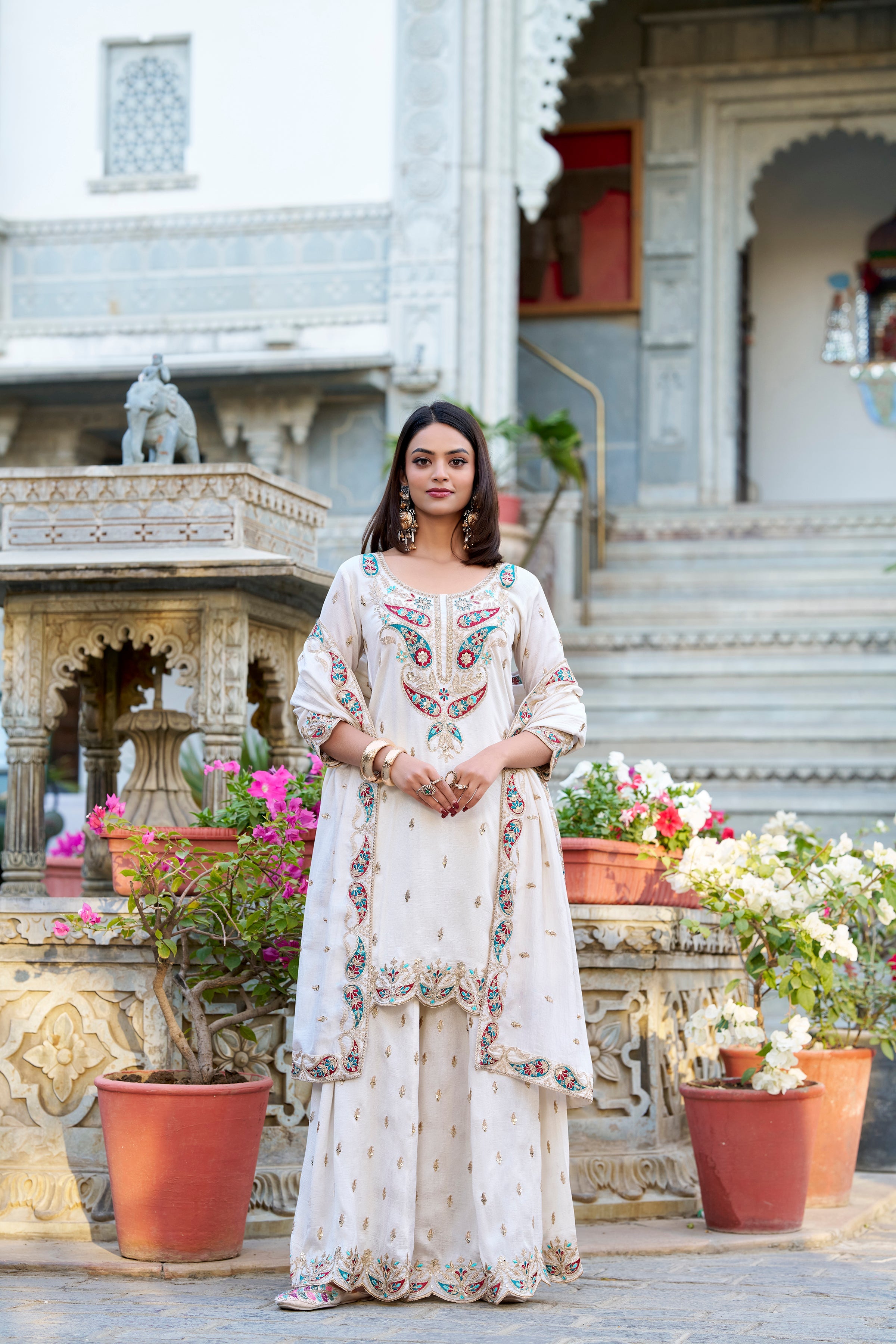 Lorenvalley Vichitra Silk Sequins and Thread Embroidery Work Palazzo Set