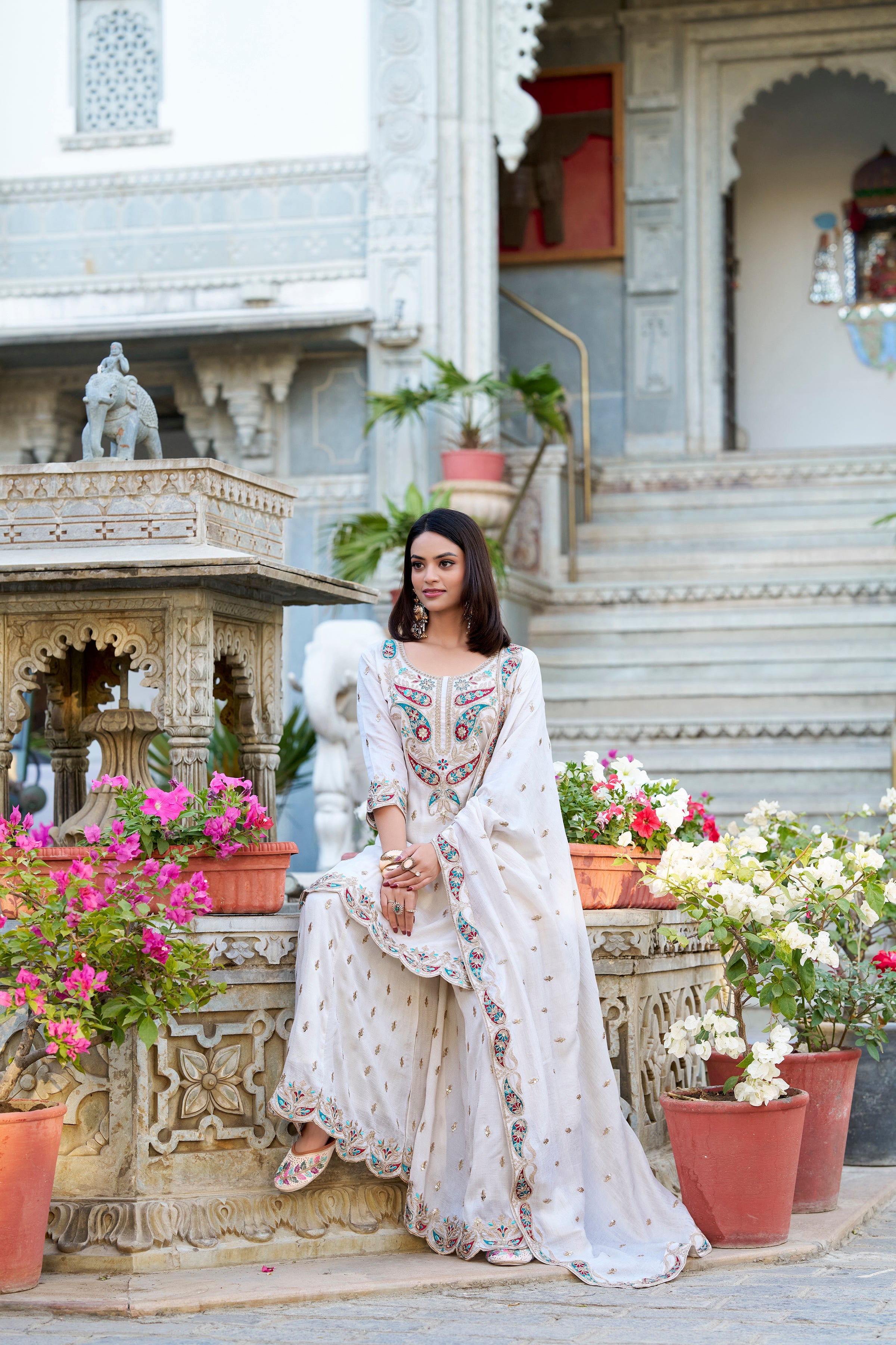 Lorenvalley Vichitra Silk Sequins and Thread Embroidery Work Palazzo Set