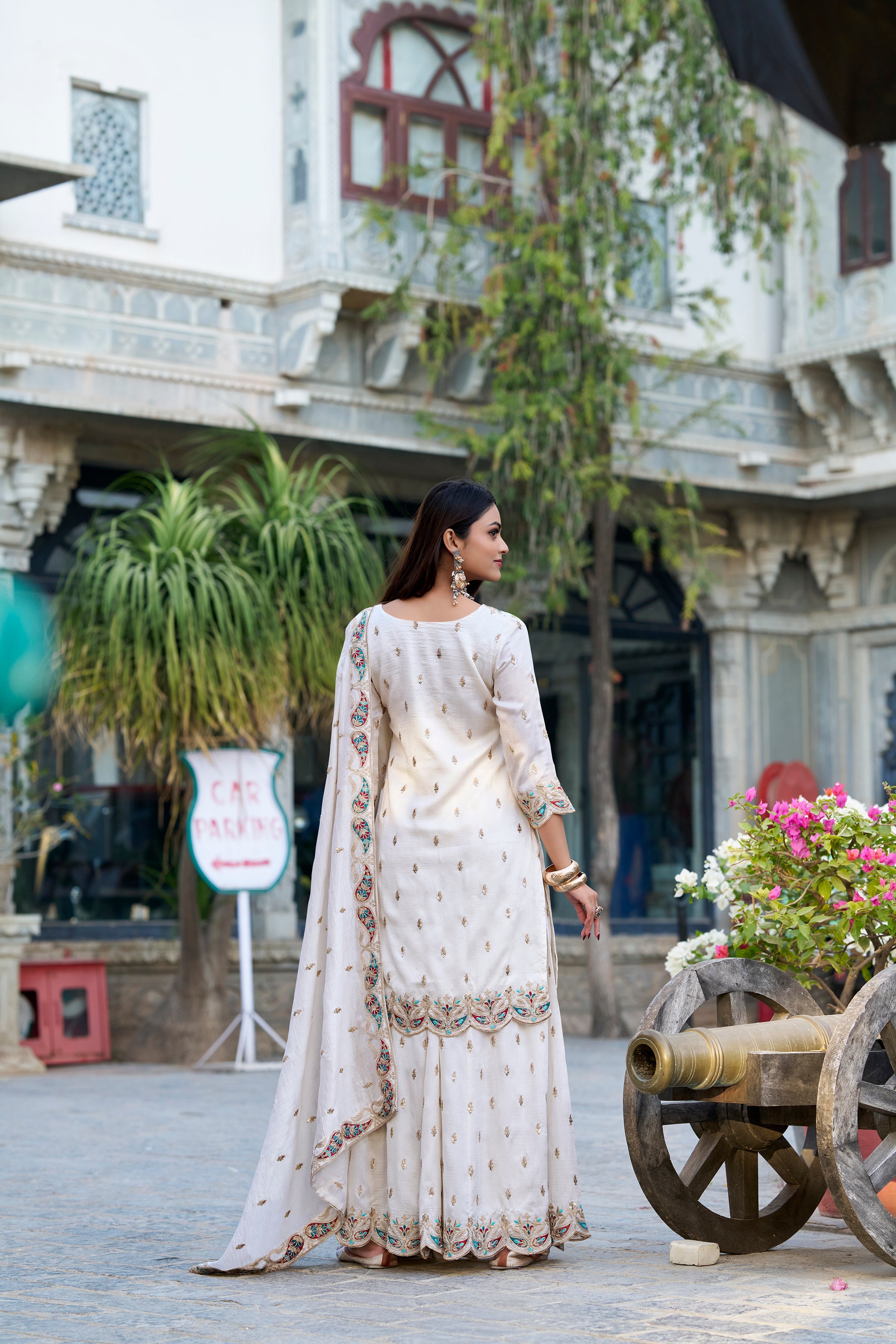 Lorenvalley Vichitra Silk Sequins and Thread Embroidery Work Palazzo Set