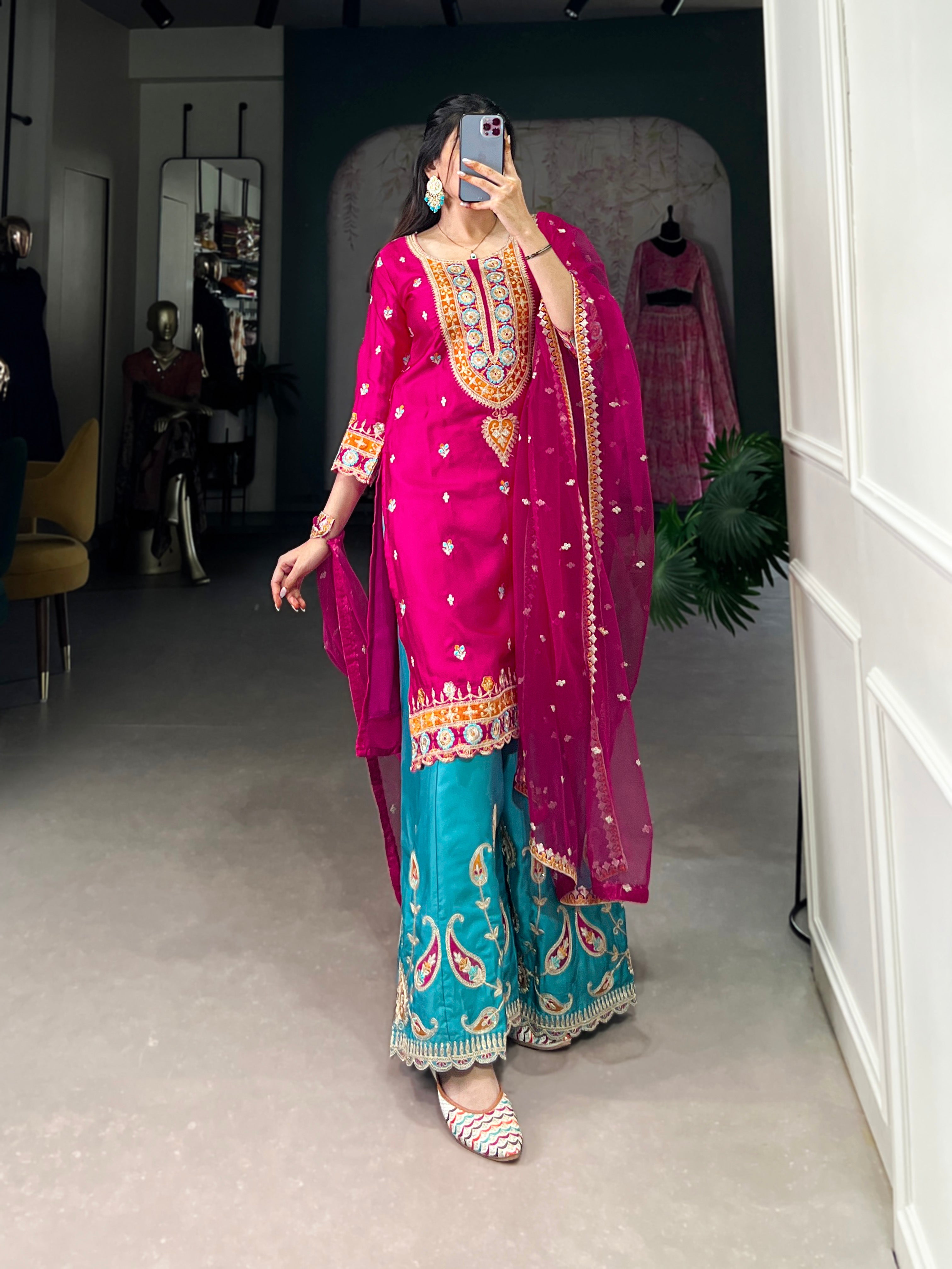 Lorenvalley Pink Lightweight Moonga Silk Sequins and Thread Embroidery Work Palazzo Set