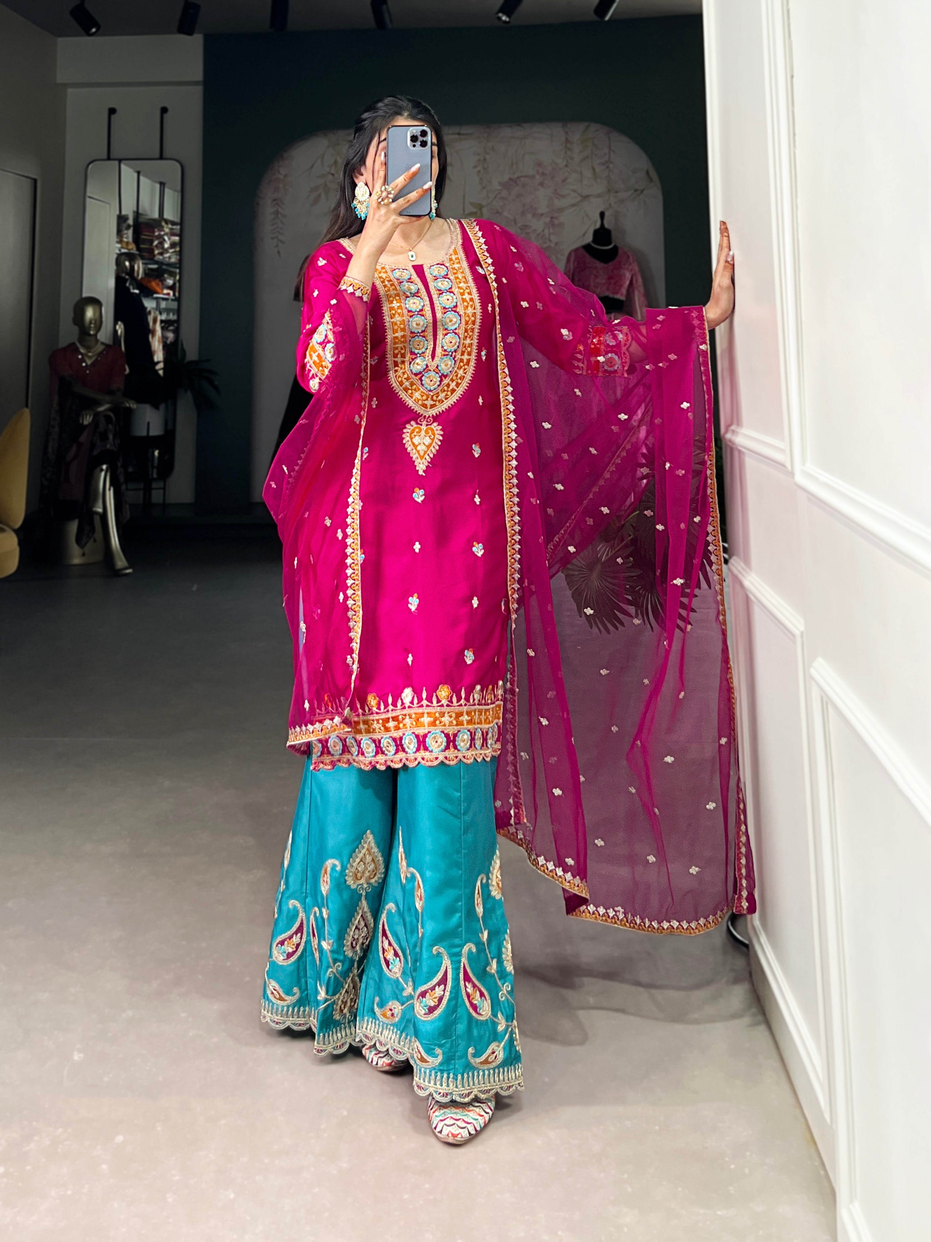 Lorenvalley Pink Lightweight Moonga Silk Sequins and Thread Embroidery Work Palazzo Set