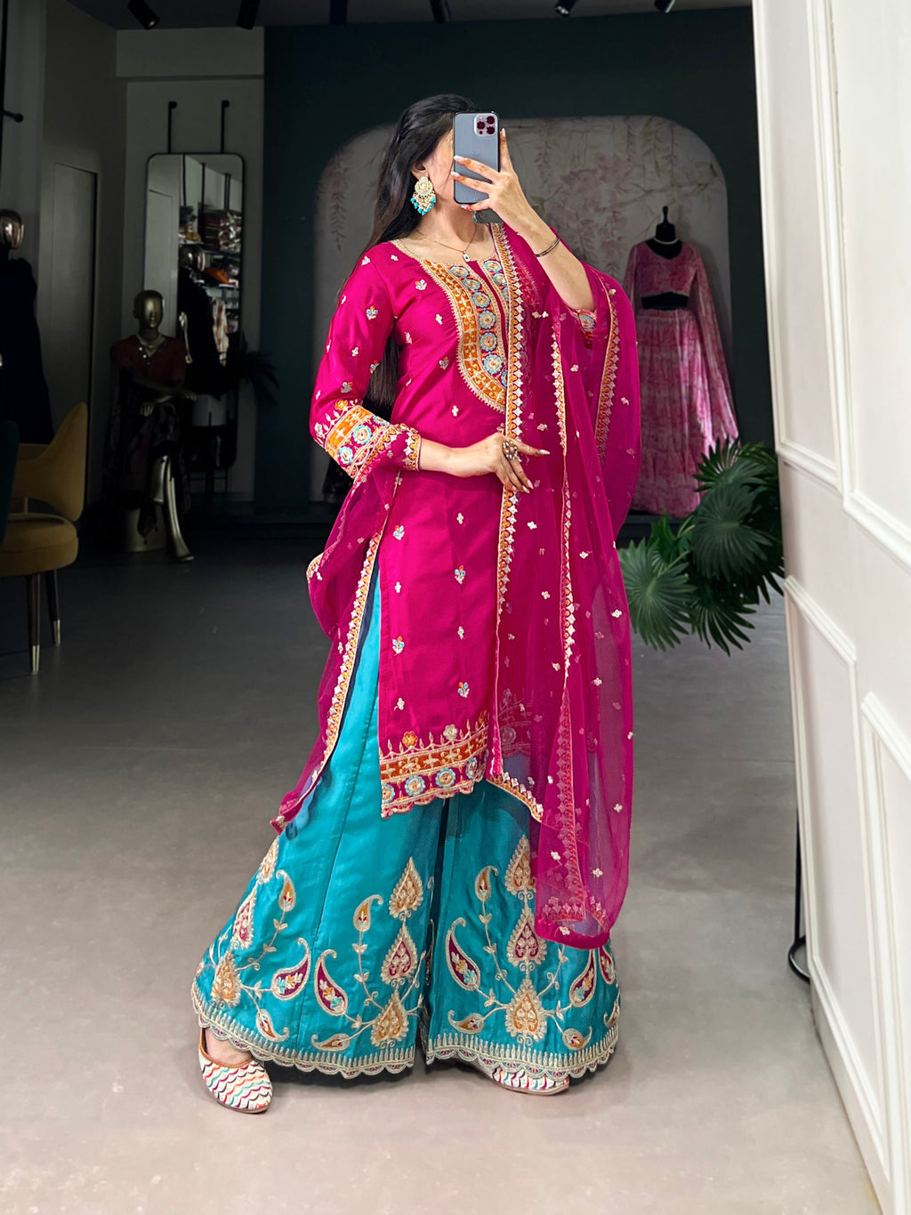 Lorenvalley Pink Lightweight Moonga Silk Sequins and Thread Embroidery Work Palazzo Set