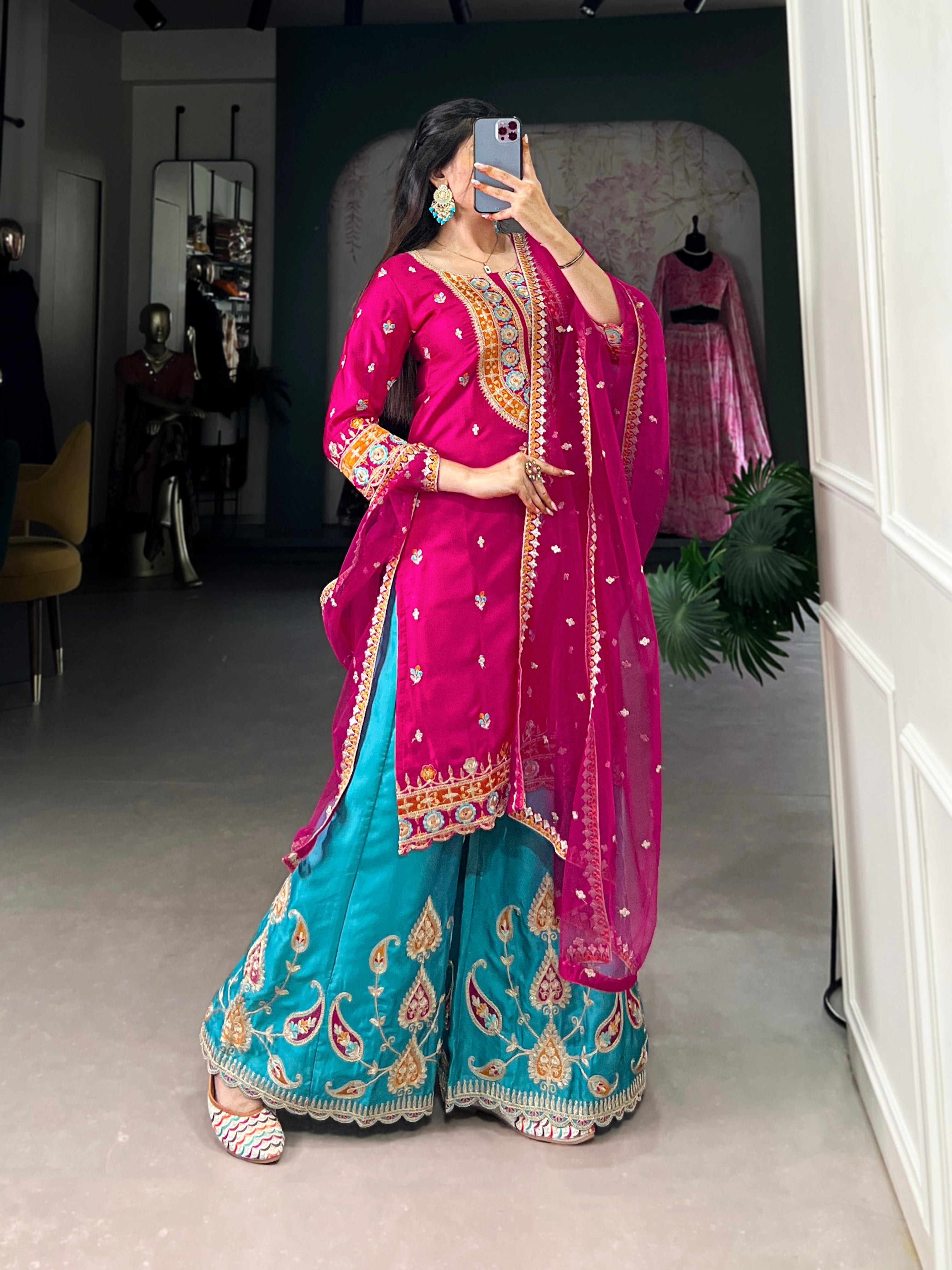 Lorenvalley Pink Lightweight Moonga Silk Sequins and Thread Embroidery Work Palazzo Set