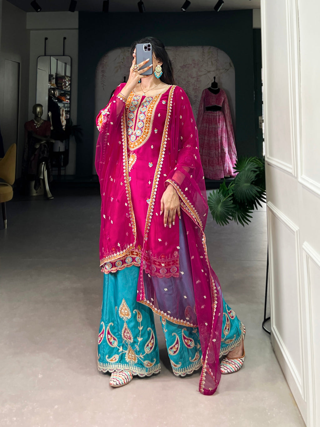 Lorenvalley Pink Lightweight Moonga Silk Sequins and Thread Embroidery Work Palazzo Set