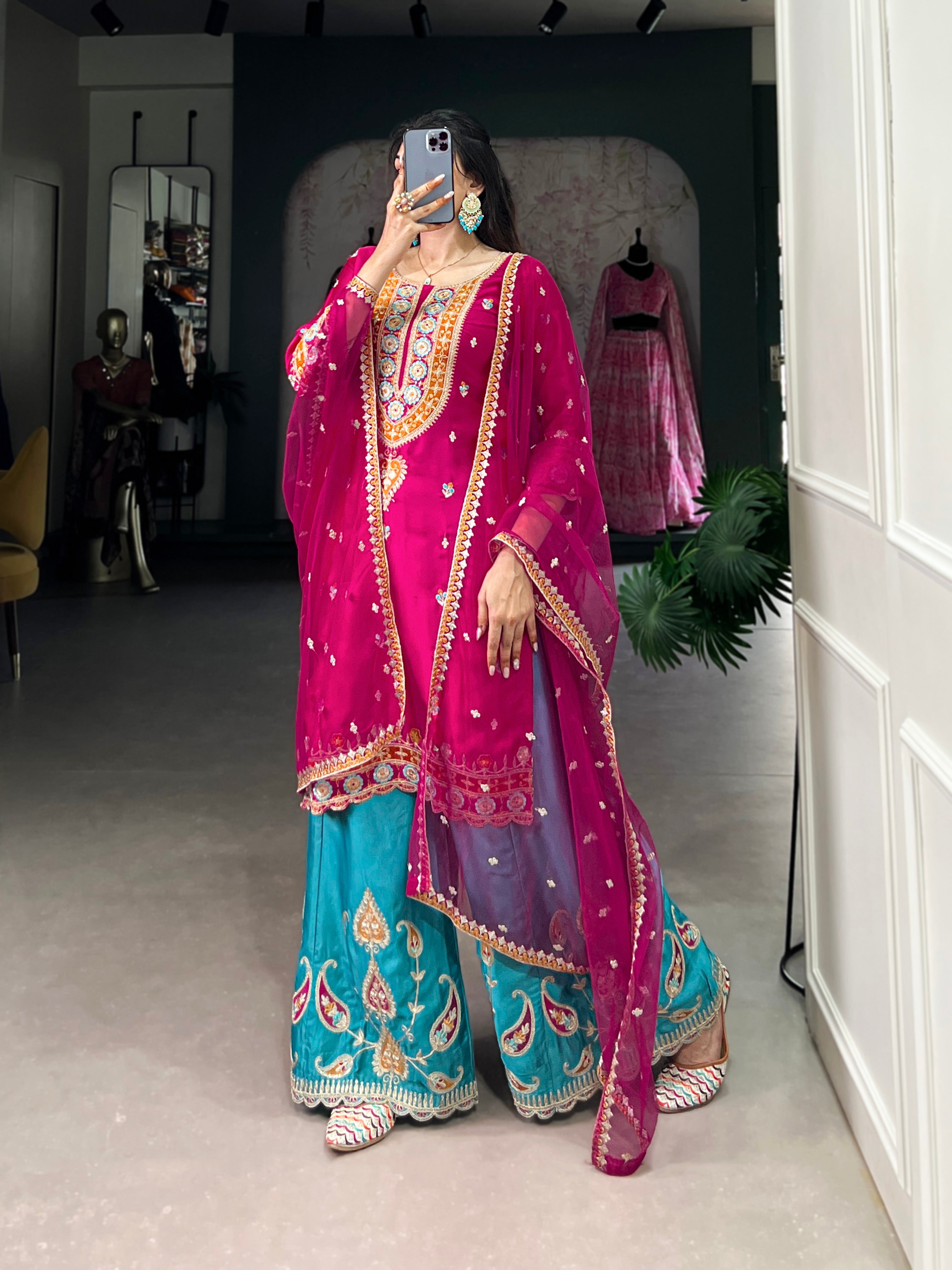 Lorenvalley Pink Lightweight Moonga Silk Sequins and Thread Embroidery Work Palazzo Set