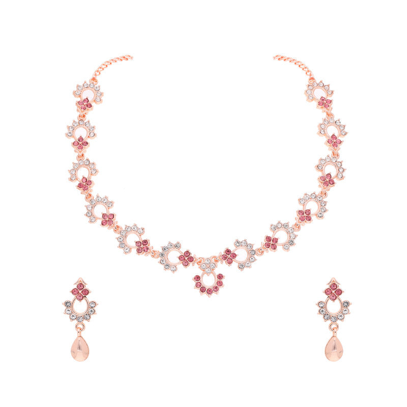 Tehzeeb Creations Gold-Polished Pink Diamond Necklace With Earrings