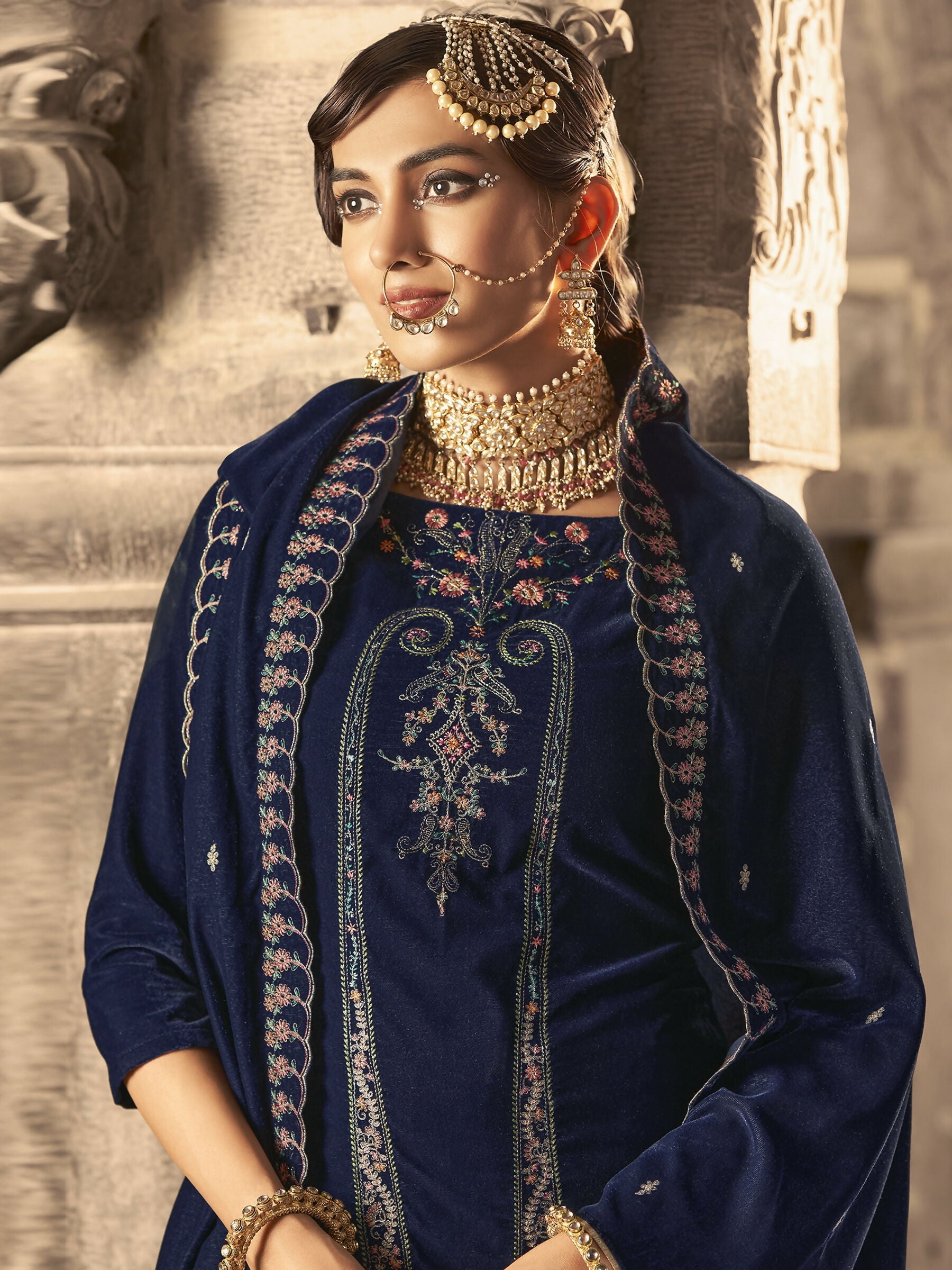 Jyoti Fashion Women's Navy Blue Velvet Floral Resham Thread with Jari work Kurta with Trouser & Dupatta