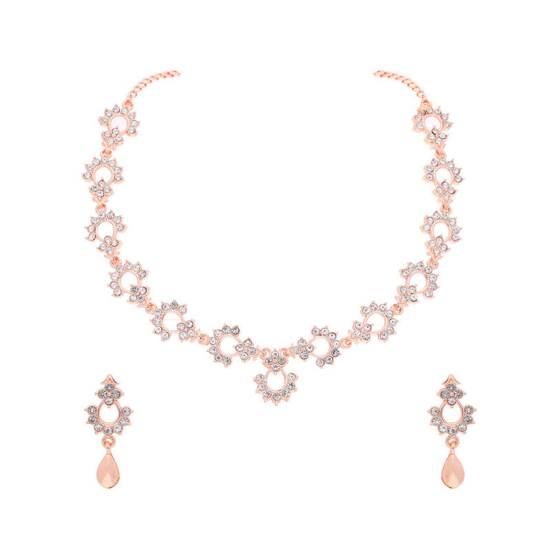 Tehzeeb Creations Gold-Polished White Diamond Necklace With Earrings