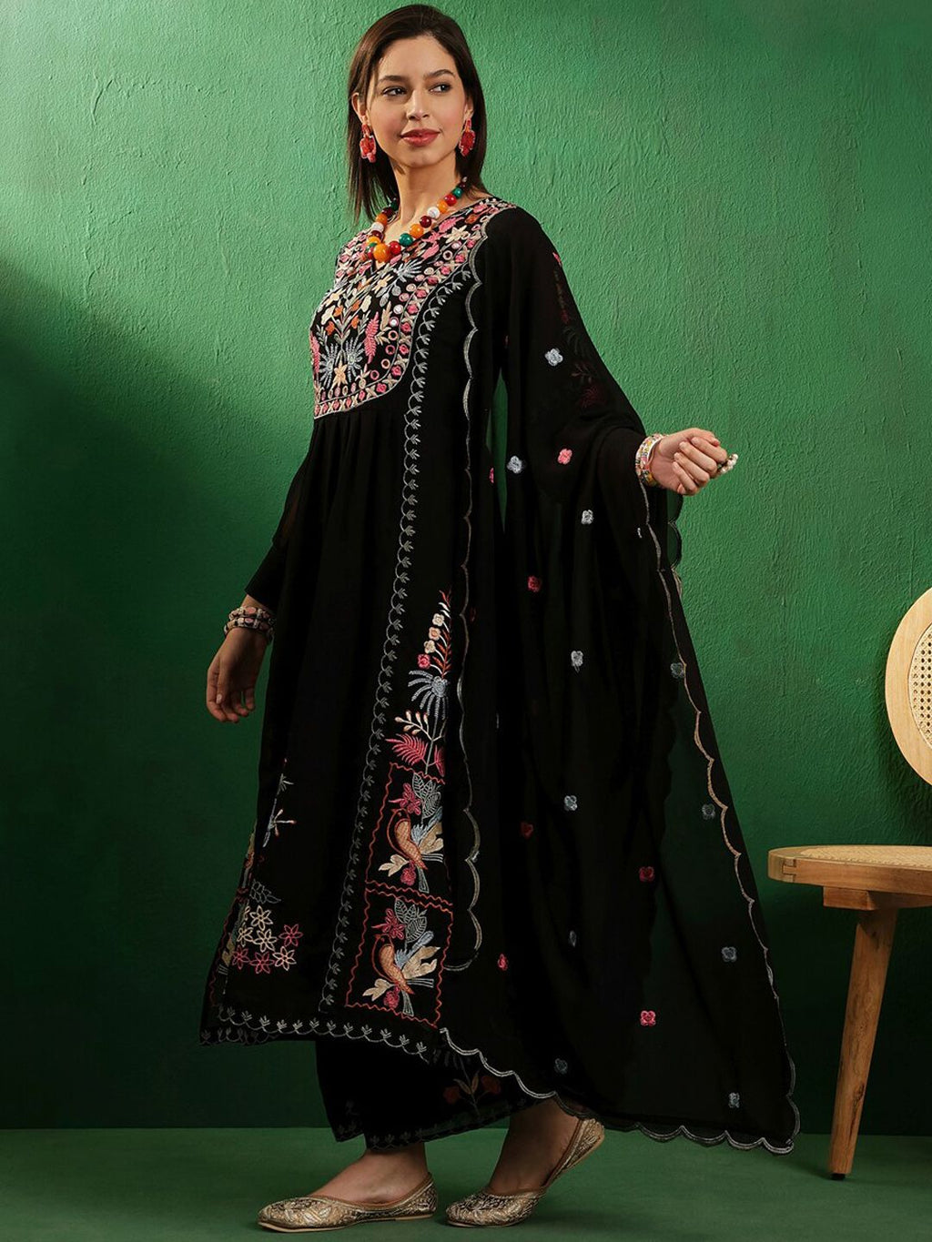 Sangria V Neck Floral Embroidered A Line Kurta with Palazzos & Dupatta - Distacart