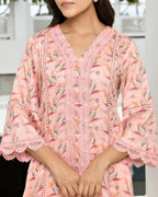 Vaasva Women's Peach Cotton Printed Kurta Pant Set