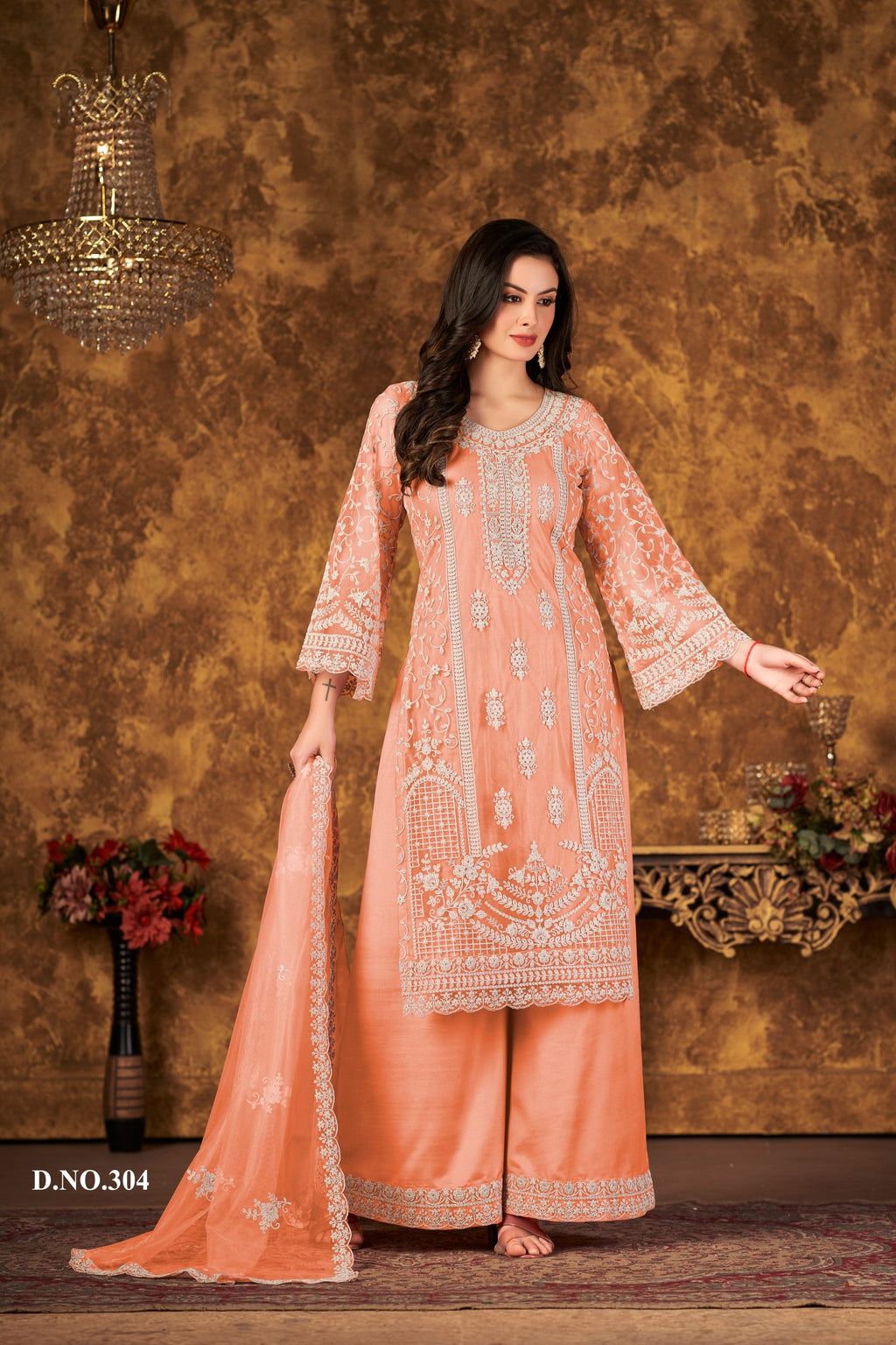 Anaita Orange Embroidered Net Plazzo Suit - Distacart