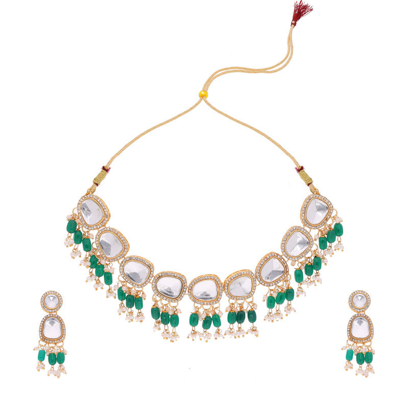 Tehzeeb Creations Gold-Polished Kundan Green Colour Necklace With Earrings