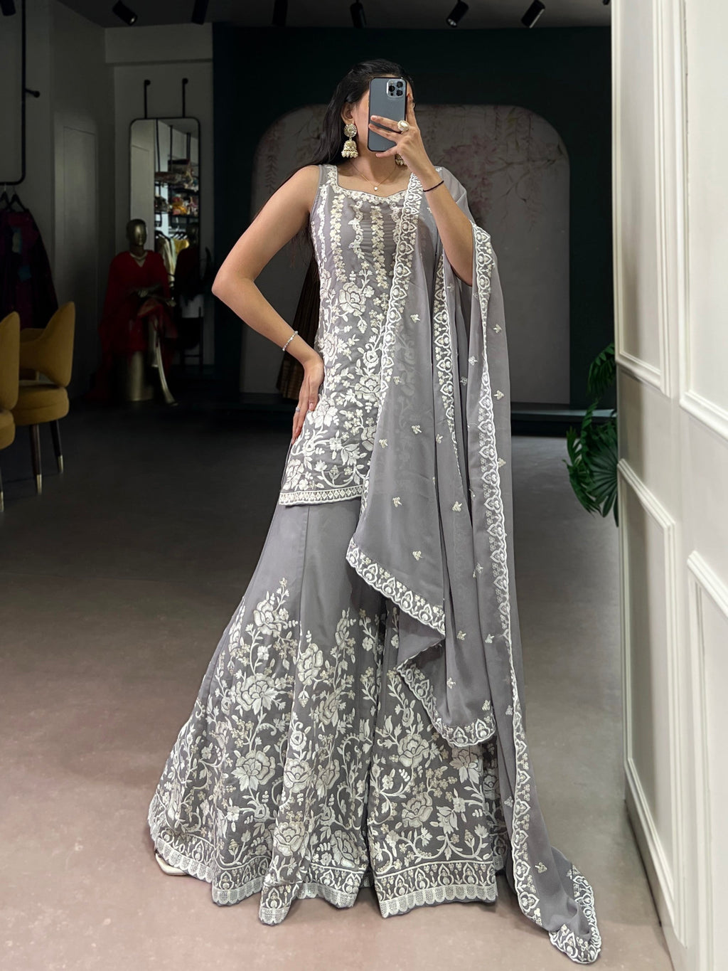 Lorenvalley Fashion Star Georgette Sequins and Thread Embroidery Work Kurta Palazzo Set - Distacart