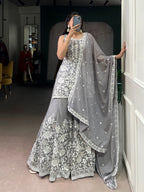 Lorenvalley Fashion Star Georgette Sequins and Thread Embroidery Work Kurta Palazzo Set - Distacart