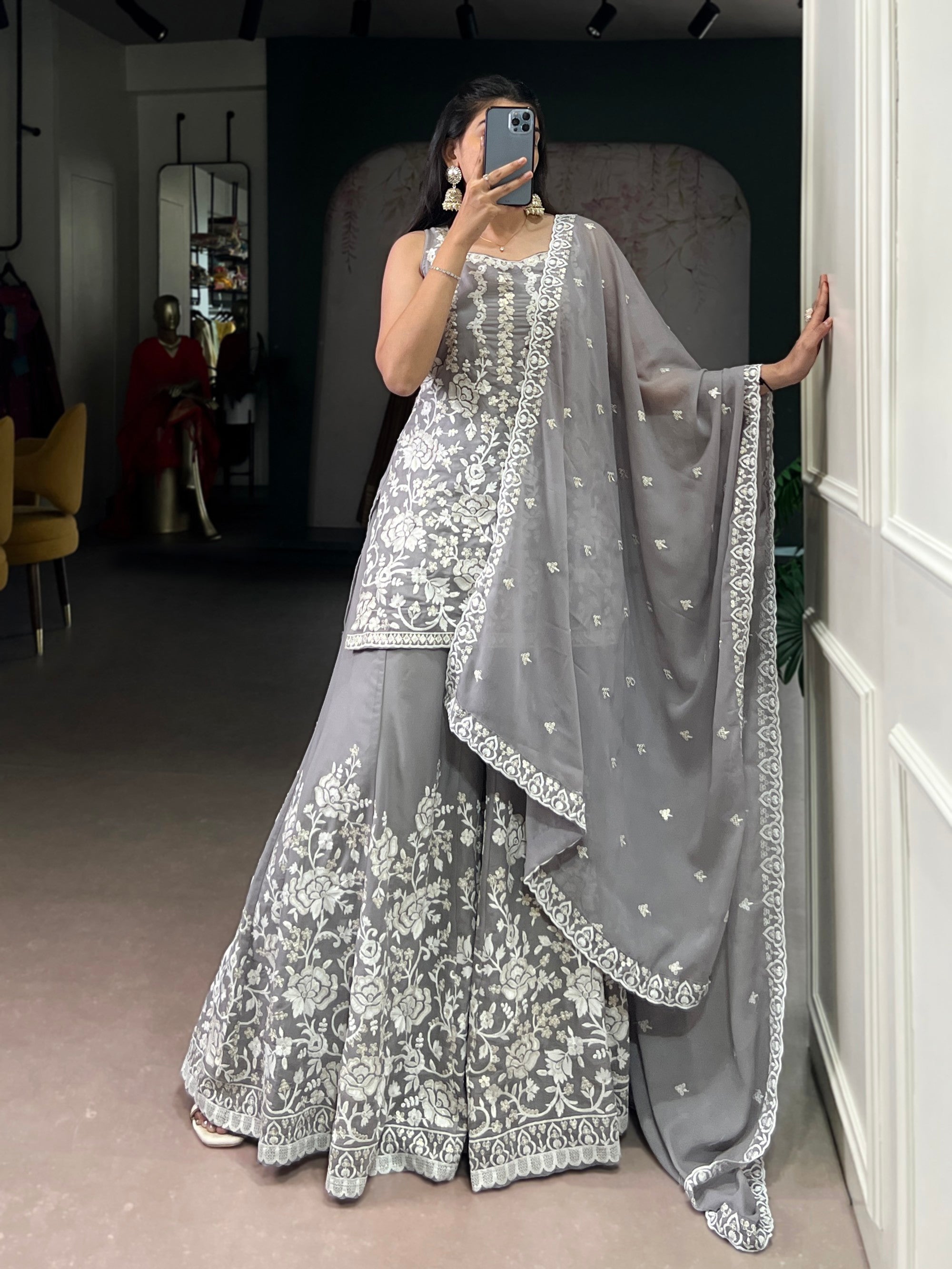 Lorenvalley Fashion Star Georgette Sequins and Thread Embroidery Work Kurta Palazzo Set - Distacart