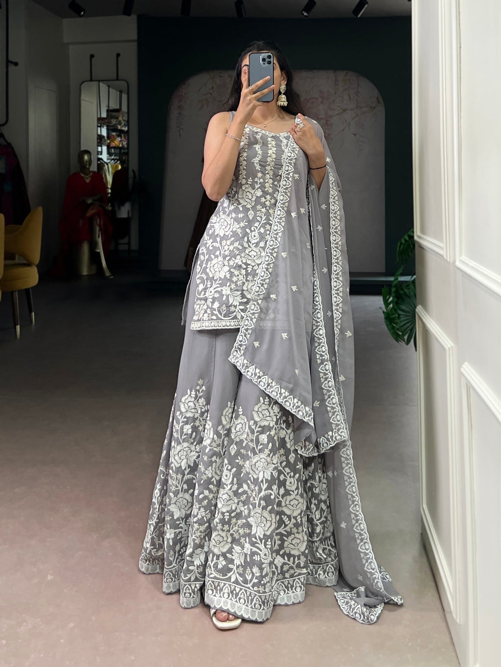 Lorenvalley Fashion Star Georgette Sequins and Thread Embroidery Work Kurta Palazzo Set - Distacart