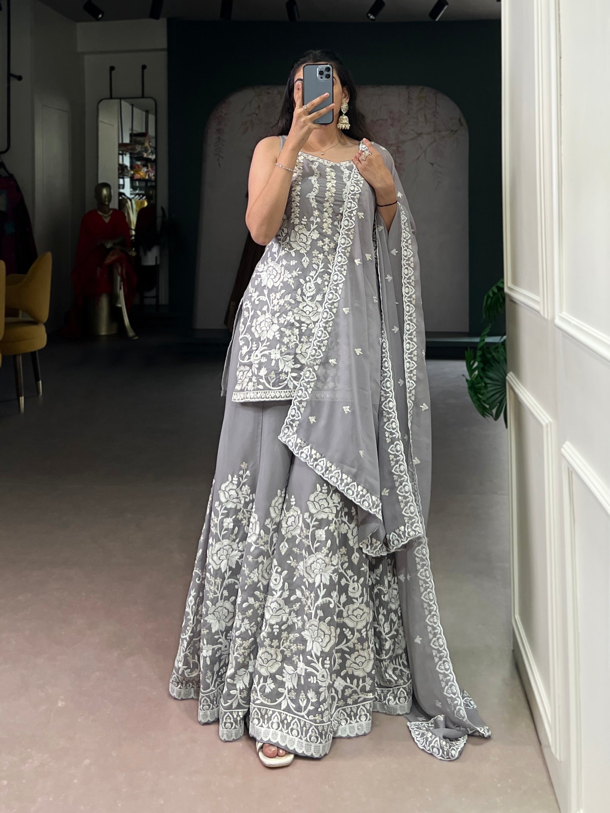 Lorenvalley Fashion Star Georgette Sequins and Thread Embroidery Work Kurta Palazzo Set - Distacart