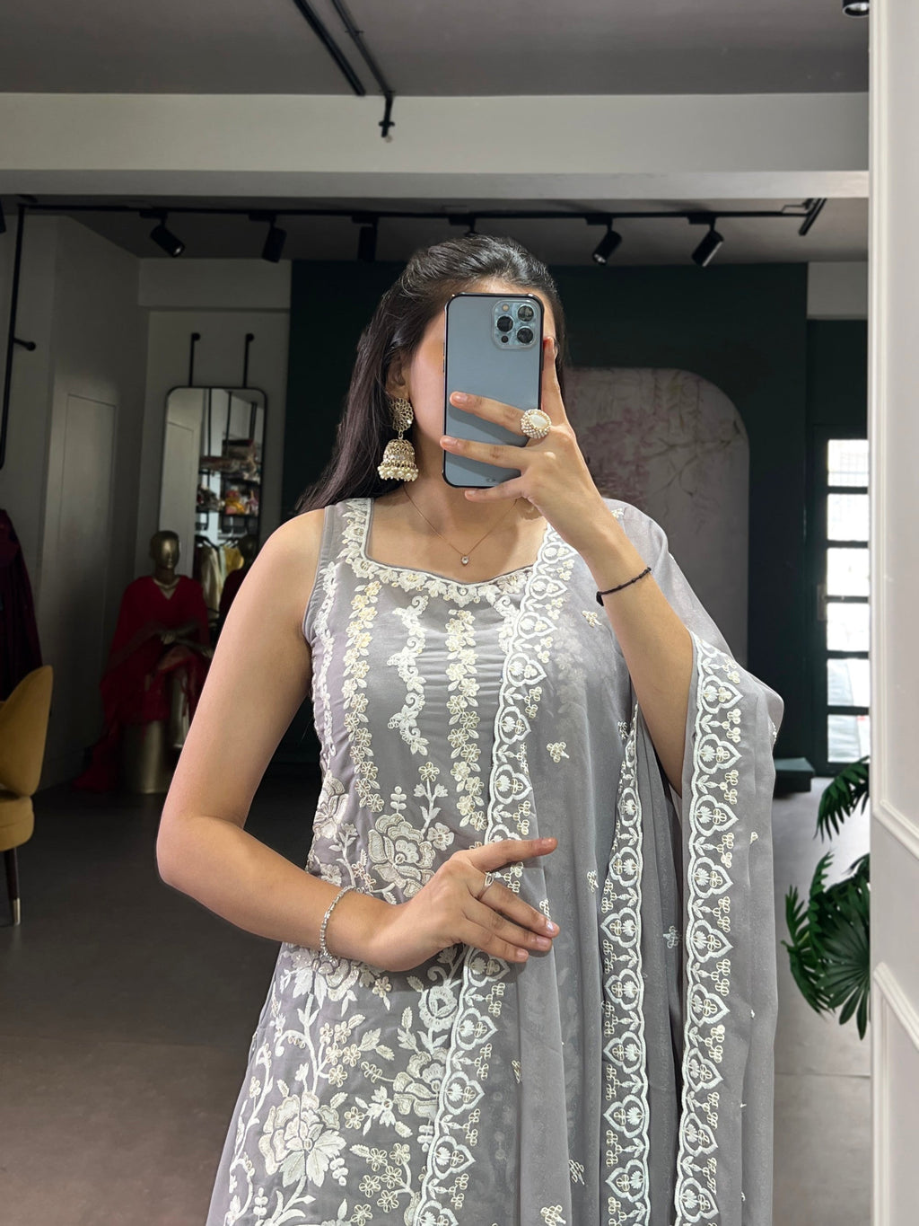 Lorenvalley Fashion Star Georgette Sequins and Thread Embroidery Work Kurta Palazzo Set - Distacart