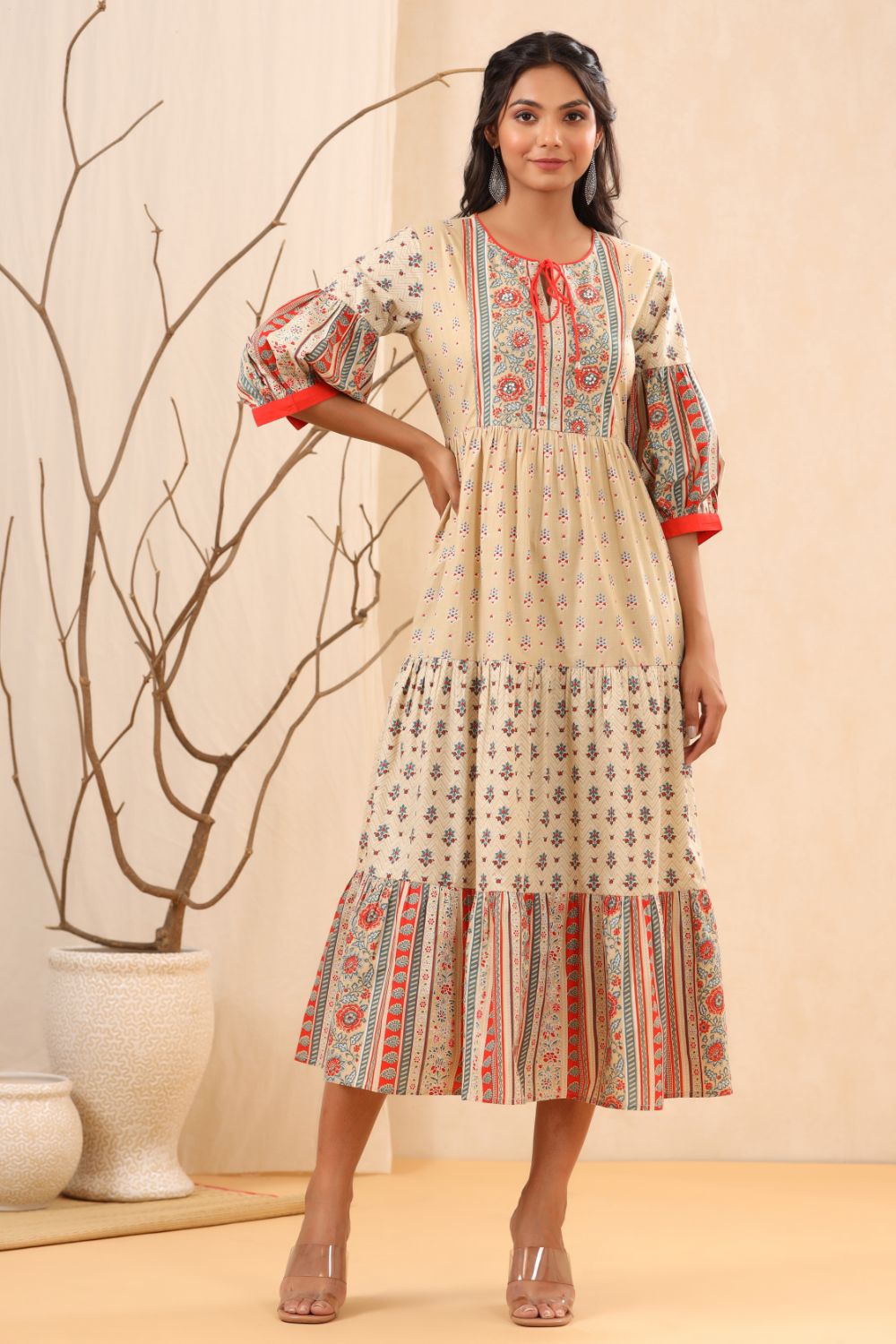 Juniper Womens Beige Cambric Floral Printed Tiered Dress - Distacart