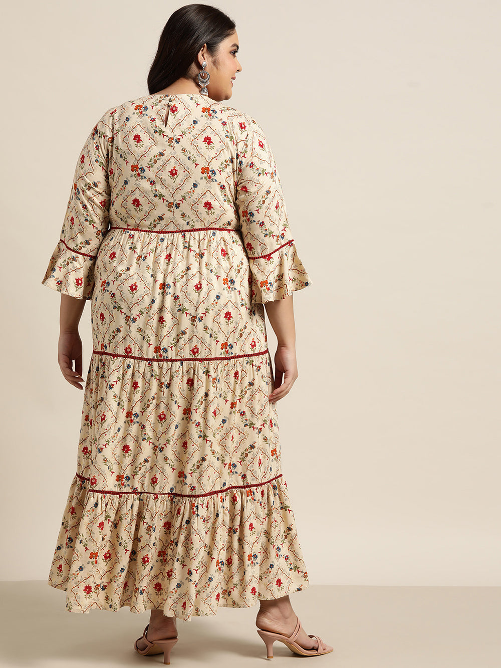 Juniper Women`s Beige Rayon Festive Wear Embroidered & Printed Tiered Dress - Distacart
