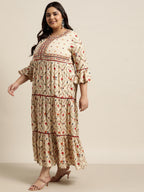 Juniper Women`s Beige Rayon Festive Wear Embroidered & Printed Tiered Dress - Distacart