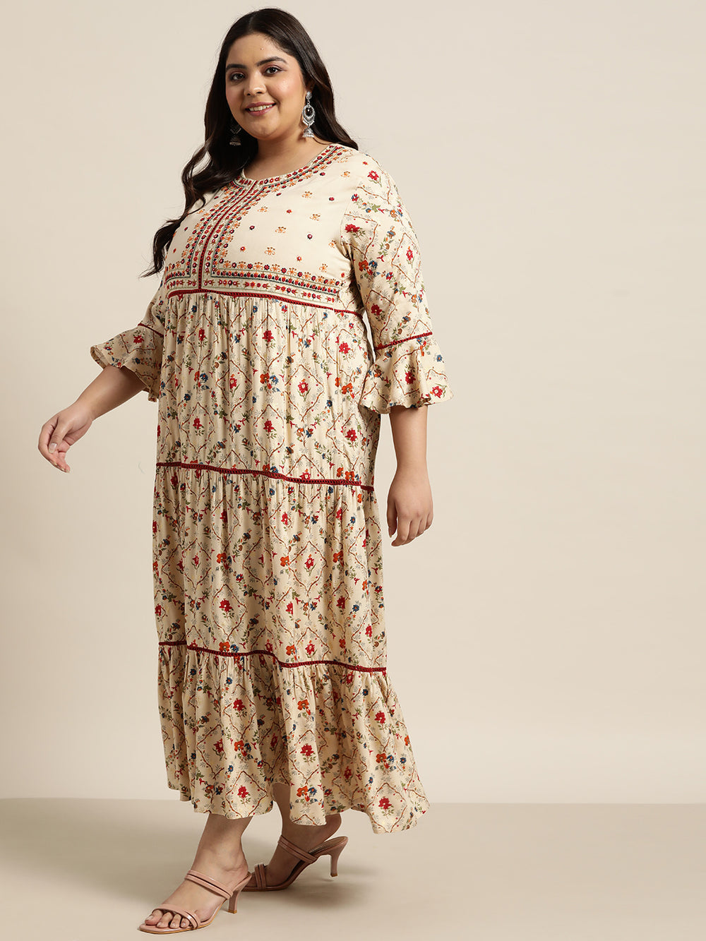 Juniper Women`s Beige Rayon Festive Wear Embroidered & Printed Tiered Dress - Distacart