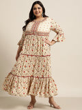 Juniper Women`s Beige Rayon Festive Wear Embroidered & Printed Tiered Dress - Distacart