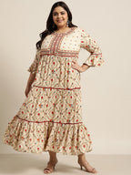 Juniper Women`s Beige Rayon Festive Wear Embroidered & Printed Tiered Dress - Distacart