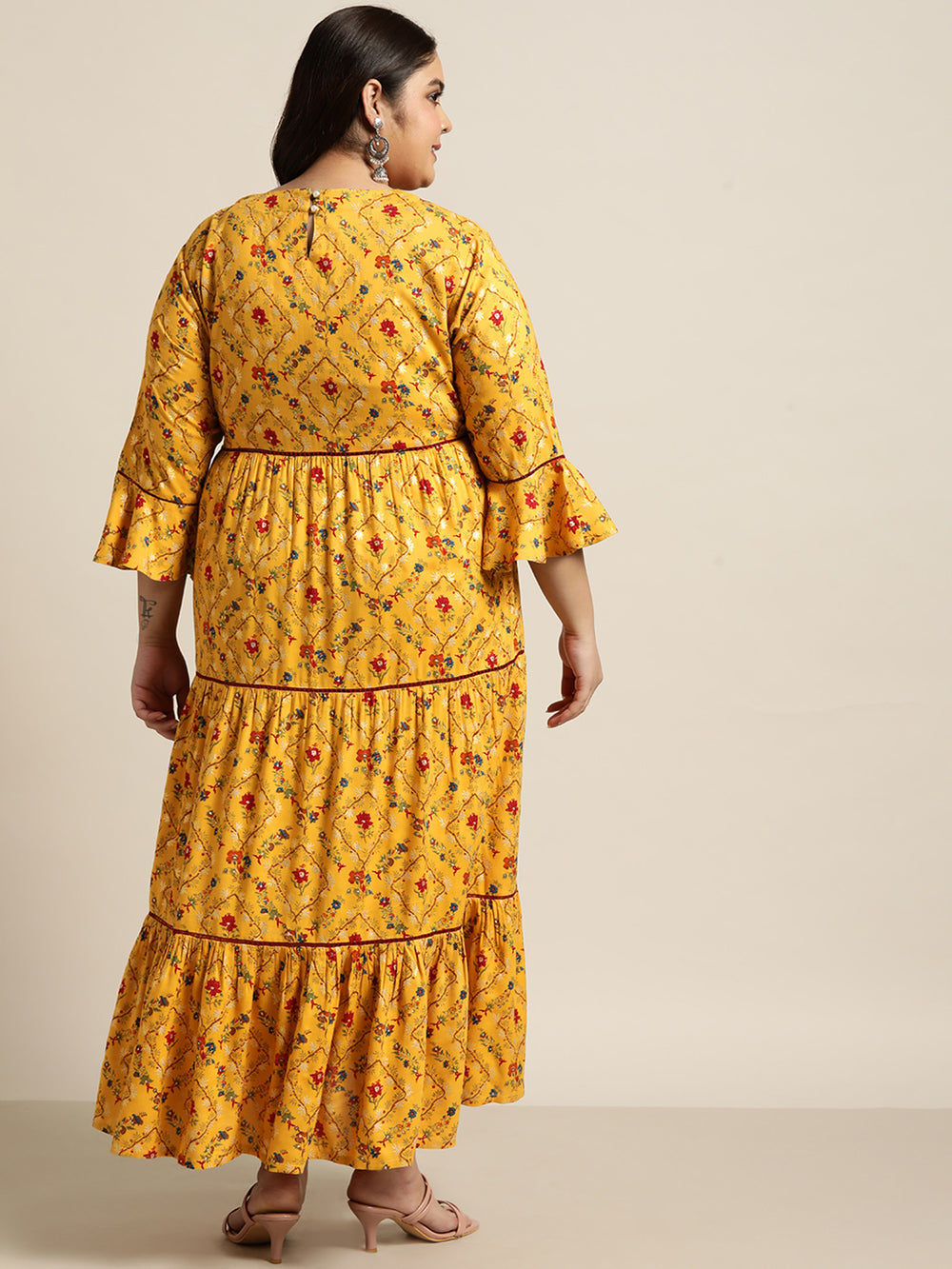 Juniper Women`s Yellow Rayon Festive Wear Embroidered & Printed Tiered Dress - Distacart