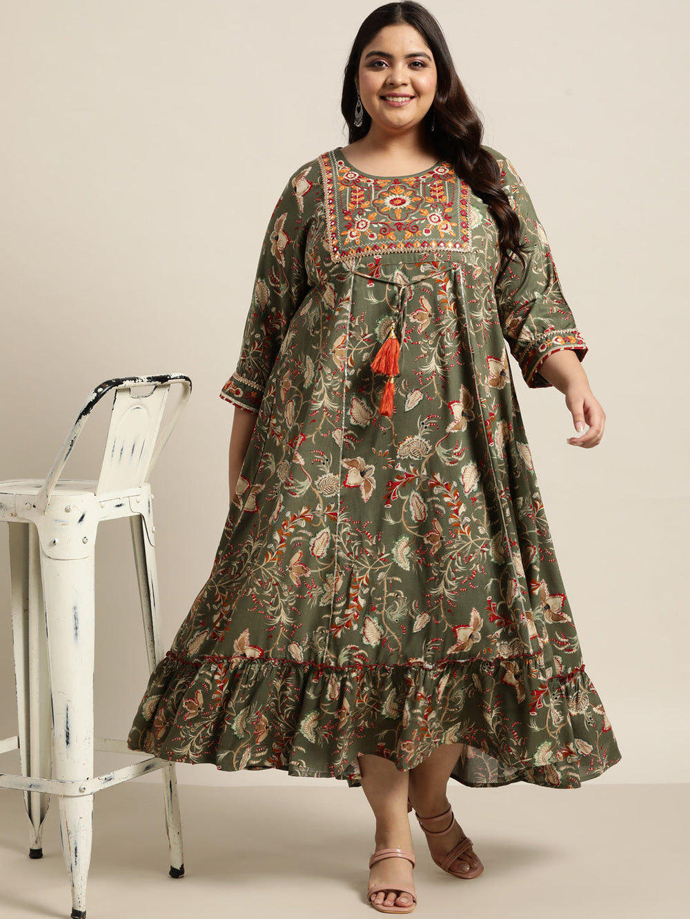 Juniper Women`s Mehendi Green Rayon Festive Wear Embroidered & Printed Tiered Dress - Distacart