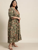 Juniper Women`s Mehendi Green Rayon Festive Wear Embroidered & Printed Tiered Dress - Distacart