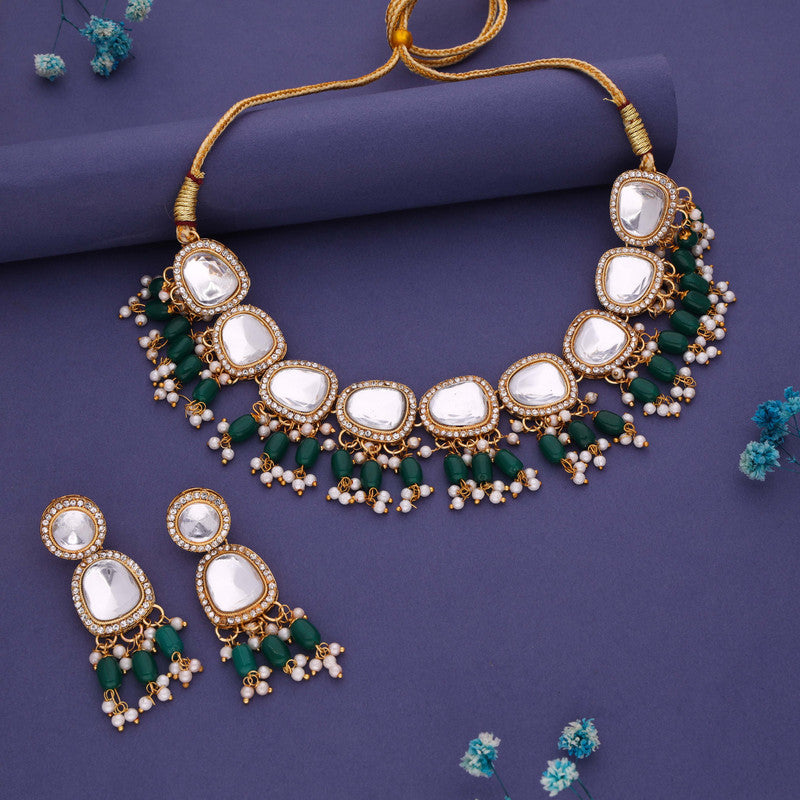 Tehzeeb Creations Gold-Polished Kundan Green Colour Necklace With Earrings