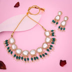 Tehzeeb Creations Gold-Polished Kundan Green Colour Necklace With Earrings