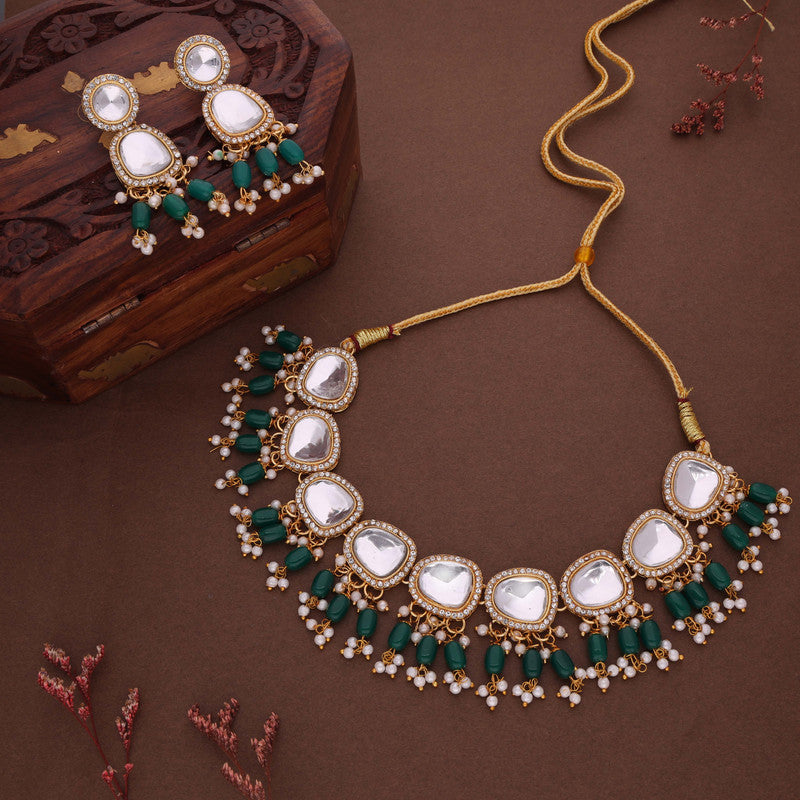 Tehzeeb Creations Gold-Polished Kundan Green Colour Necklace With Earrings