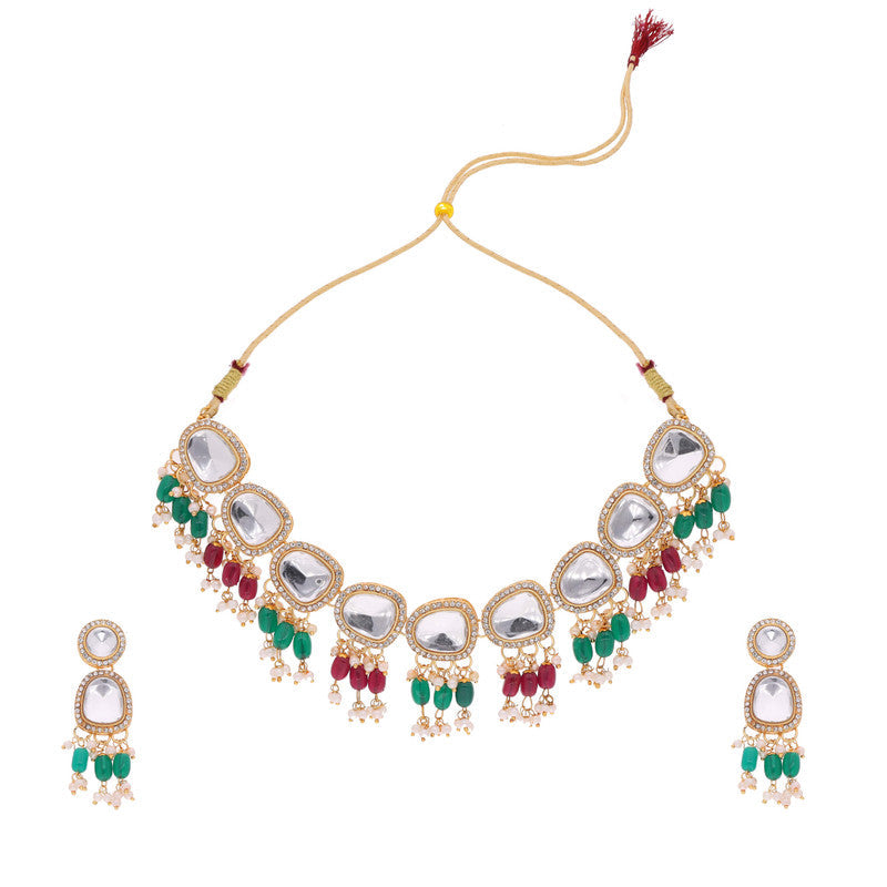 Tehzeeb Creations Gold-Polished Kundan Green & Maroon Colour Necklace With Earrings