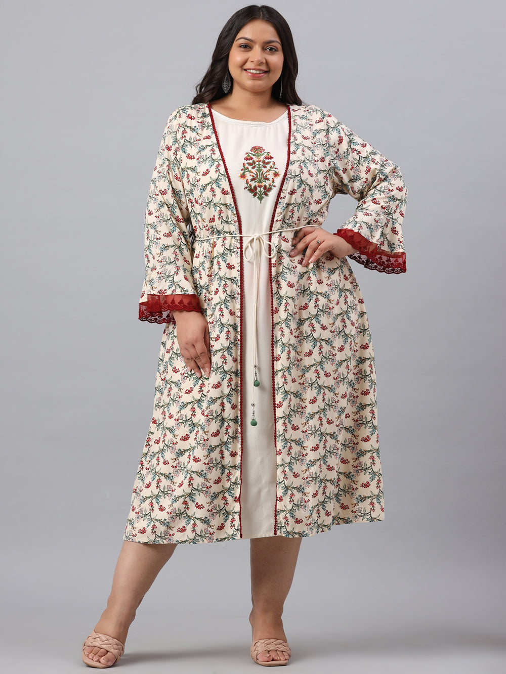 Juniper Women`s Ivory Rayon Festive Wear Embroidered & Printed Flared Dress - Distacart