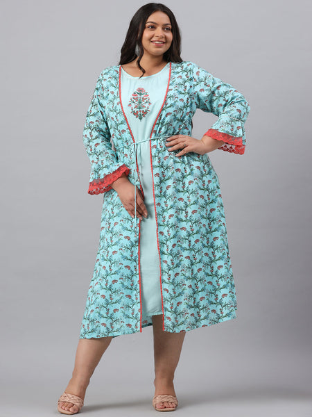 Juniper Women`s Sky Blue Rayon Festive Wear Embroidered & Printed Flared Dress