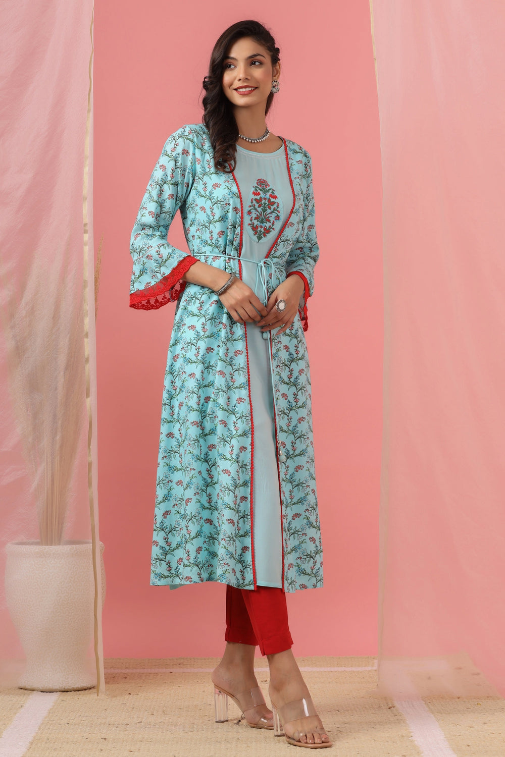 Juniper Women`s Skyblue Rayon Embroidered & Printed Flared Dress - Distacart