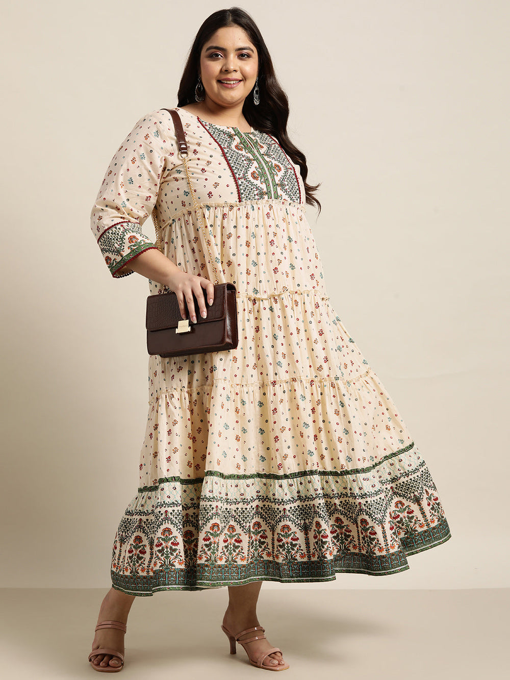 Juniper Women`s Ivory Cambric Festive Wear Printed Tiered Dress - Distacart