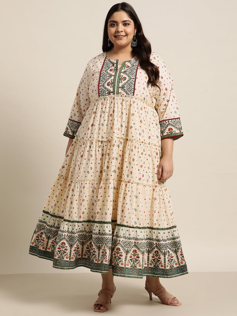 Juniper Women`s Ivory Cambric Festive Wear Printed Tiered Dress - Distacart