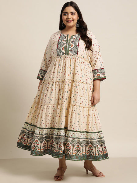 Juniper Women`s Ivory Cambric Festive Wear Printed Tiered Dress