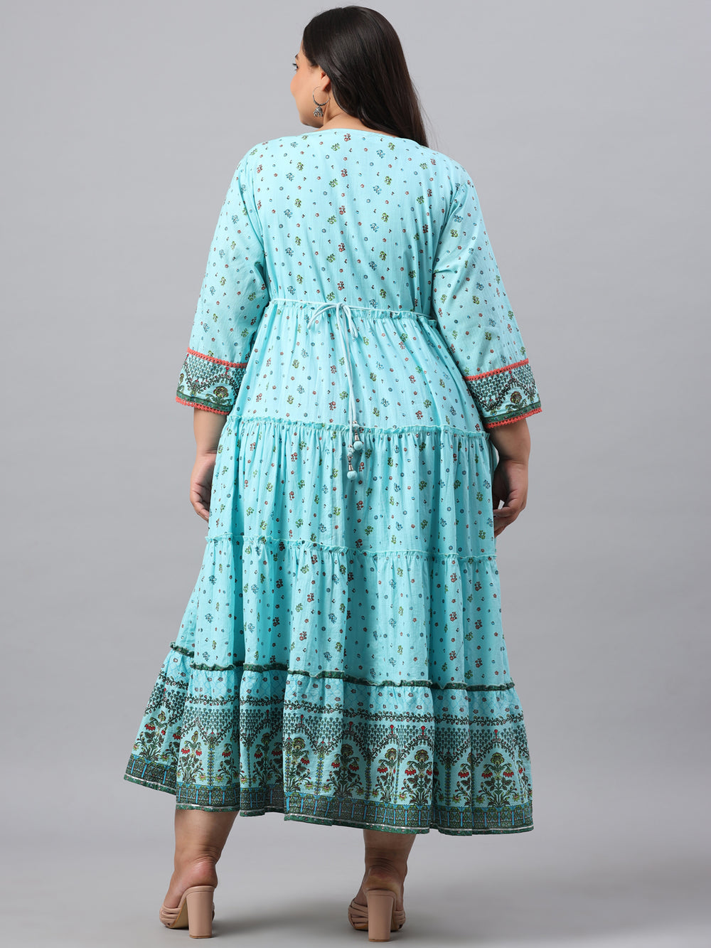 Juniper Women`s Sky Blue Cambric Festive Wear Printed Tiered Dress - Distacart