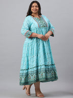 Juniper Women`s Sky Blue Cambric Festive Wear Printed Tiered Dress - Distacart