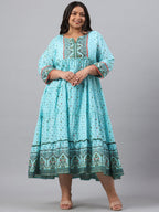 Juniper Women`s Sky Blue Cambric Festive Wear Printed Tiered Dress - Distacart