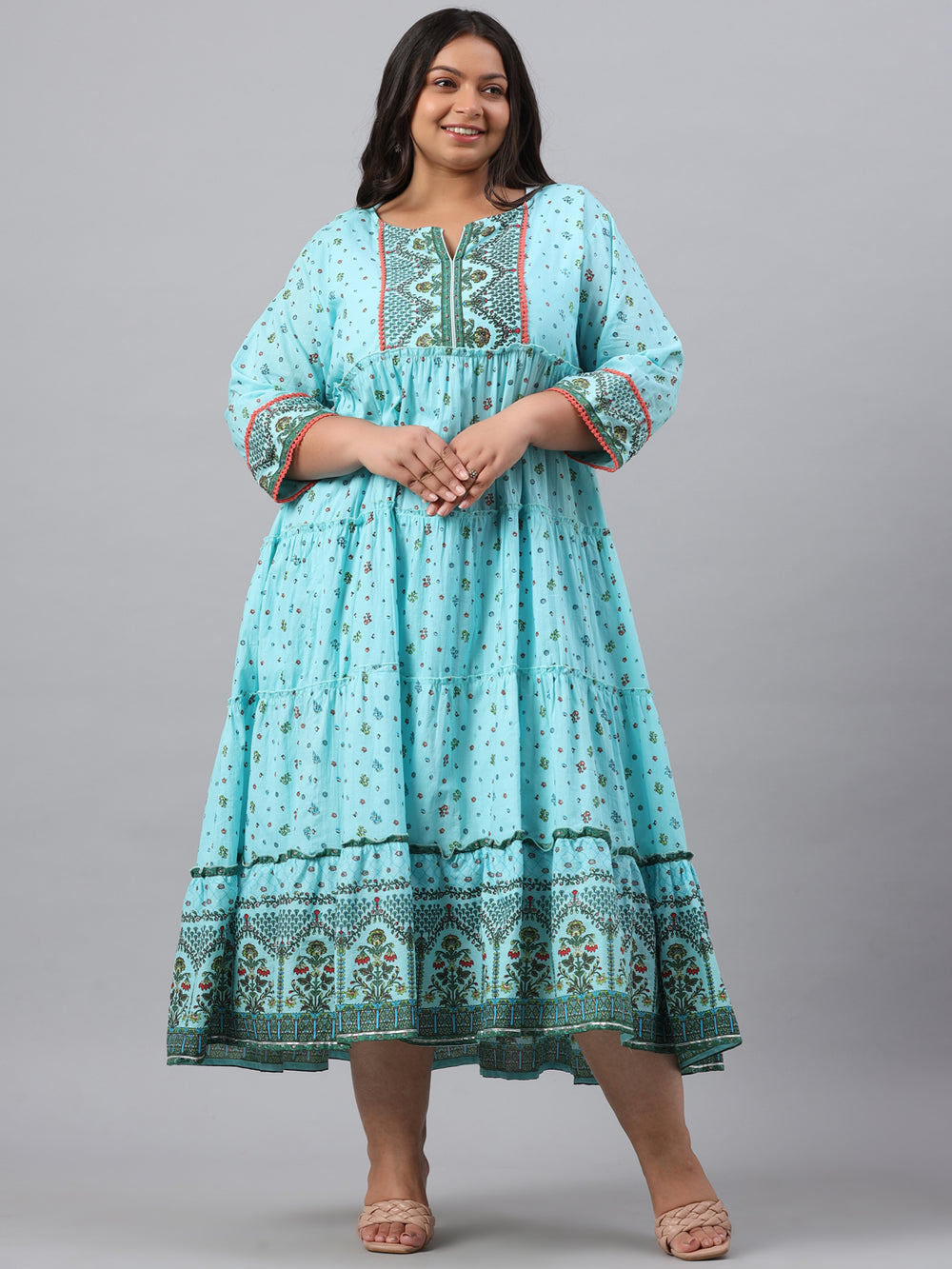 Juniper Women`s Sky Blue Cambric Festive Wear Printed Tiered Dress - Distacart