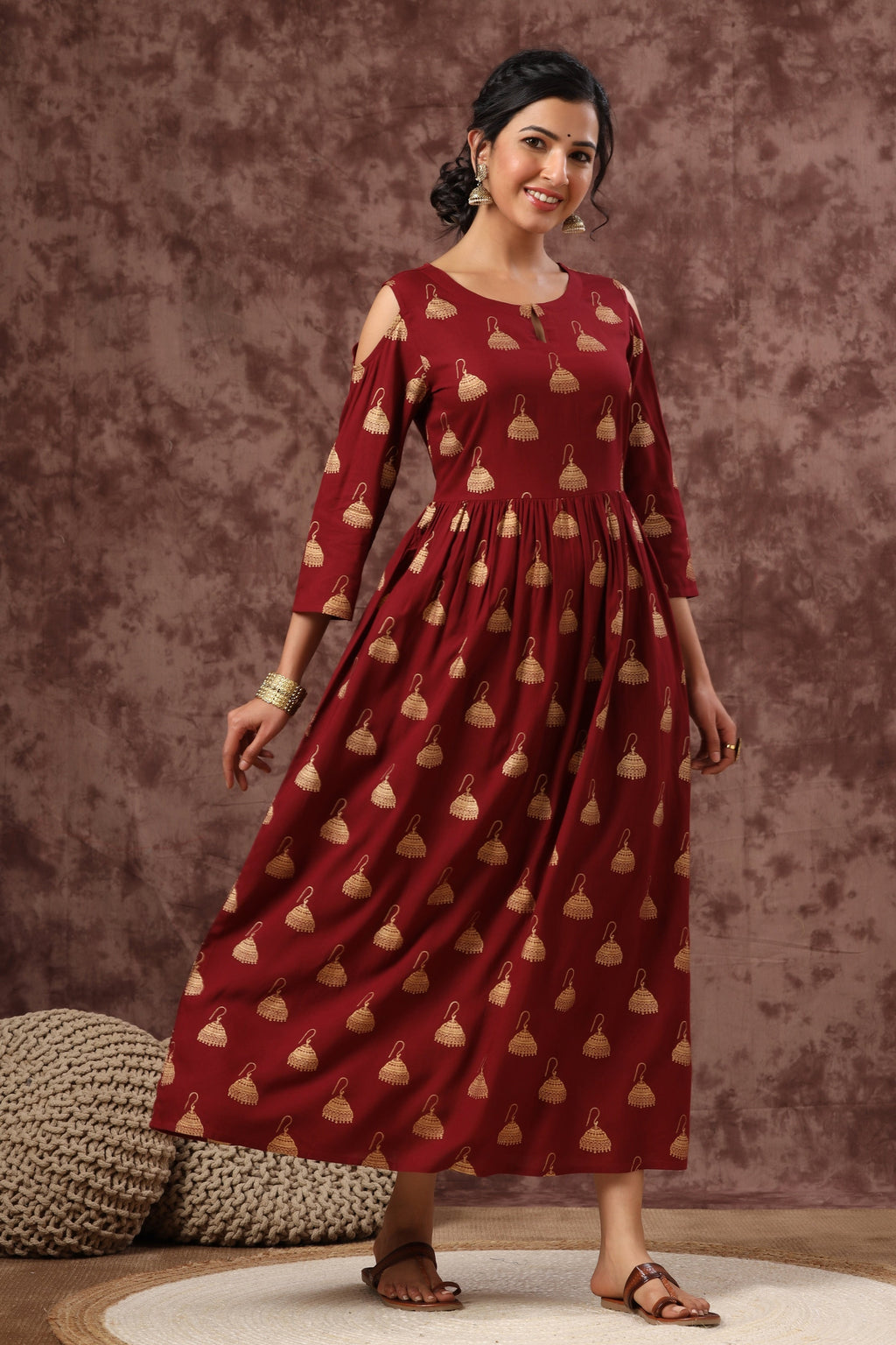 Juniper Women's Juniper Wome Maroon Rayon Printed Fit And Flared Dress - Distacart