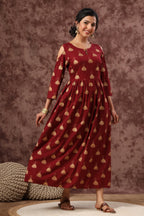 Juniper Women's Juniper Wome Maroon Rayon Printed Fit And Flared Dress - Distacart
