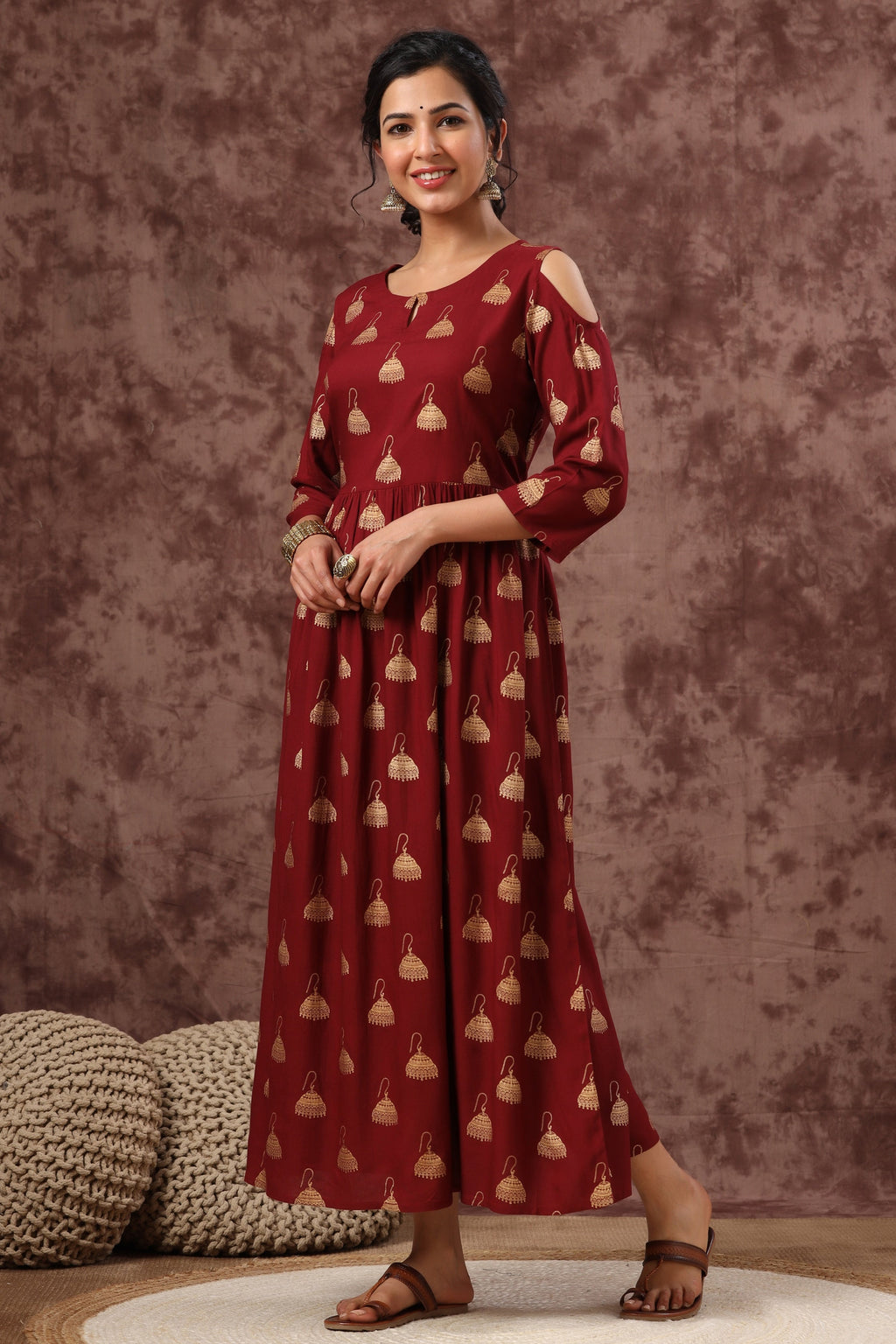 Juniper Women's Juniper Wome Maroon Rayon Printed Fit And Flared Dress - Distacart